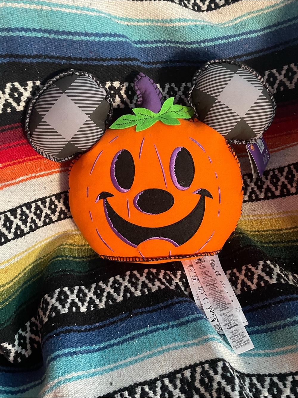 Disney Orange Pumpkin Mickey Plush Pillow with Plaid Ears